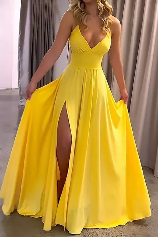 prom dress preservationFashion Ladies Summer Yellow V Neck Lace Up Slits Elegant Prom Dress Y7084