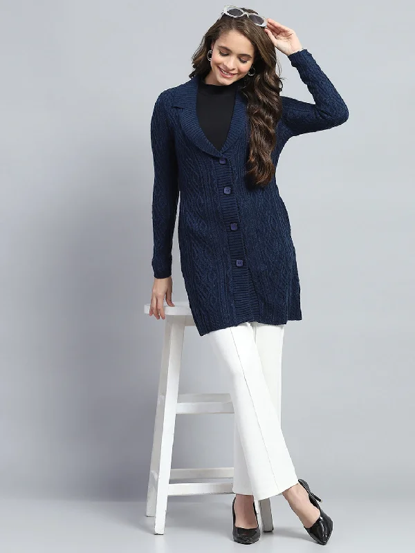 Discounted High-Quality Wool SweatersWomen Navy Blue Self Design V Neck Full Sleeve Cardigan