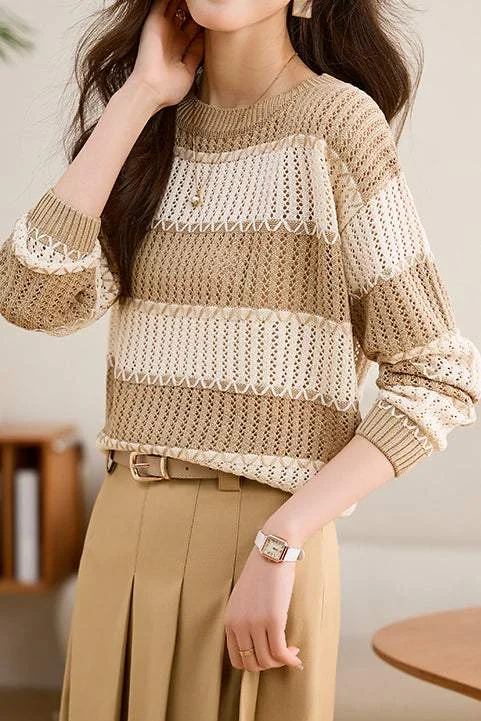 Chunky SweatersContrast Color Hollow Out Knit Sweater