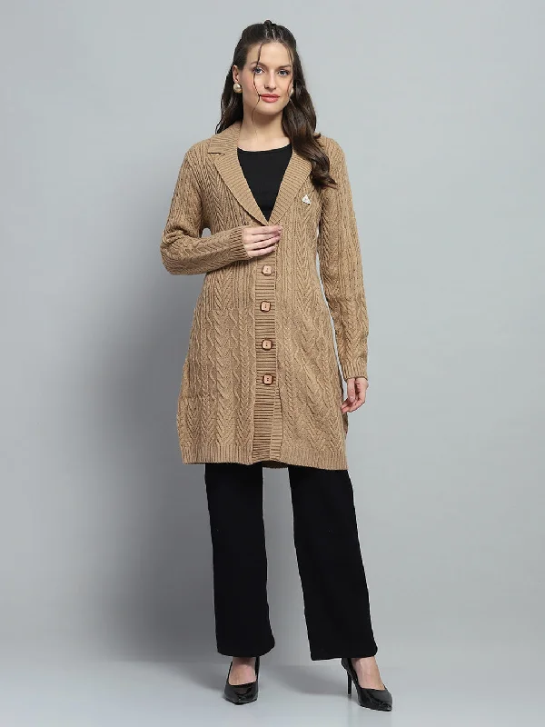 Discounted SweatersWomen Brown Self Design Notch Lapel Collar Full Sleeve Cardigan