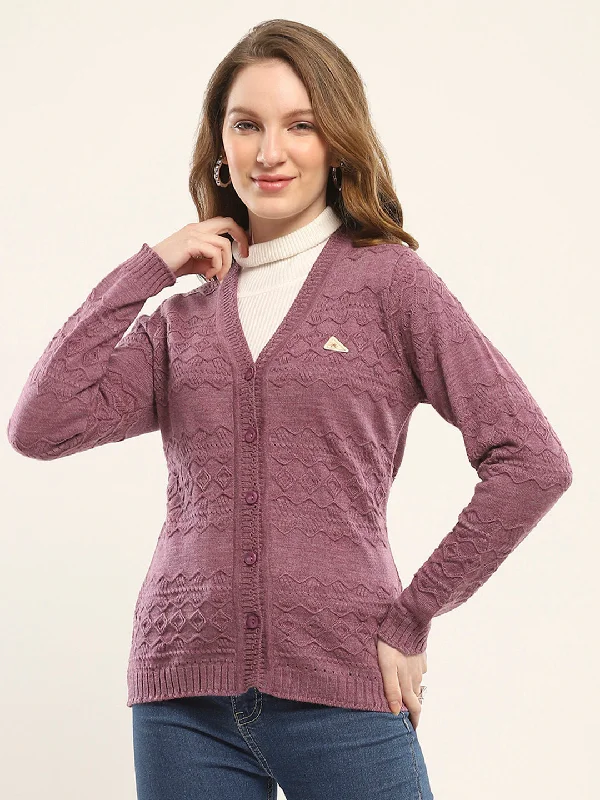 Flannel SweatersWomen Purple Self Design V Neck Full Sleeve Cardigan