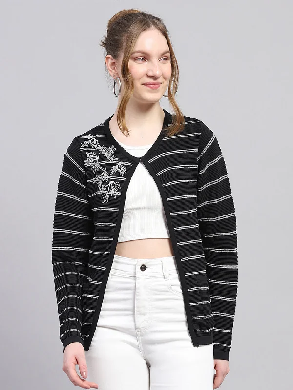 Crewneck SweatersWomen Black Stripe Round Neck Full Sleeve Cardigan