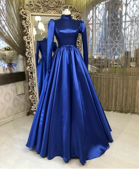 prom dresses with sequin detailingHigh Neck Prom Dress,Royal Blue Prom Dresses, Satin Prom Dresses Y6966