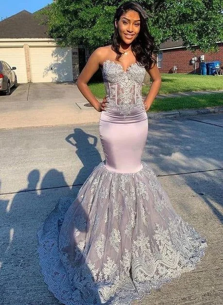 prom dresses with floral embroiderySweetheart Mermaid Lace Long Prom Dresses Y6692