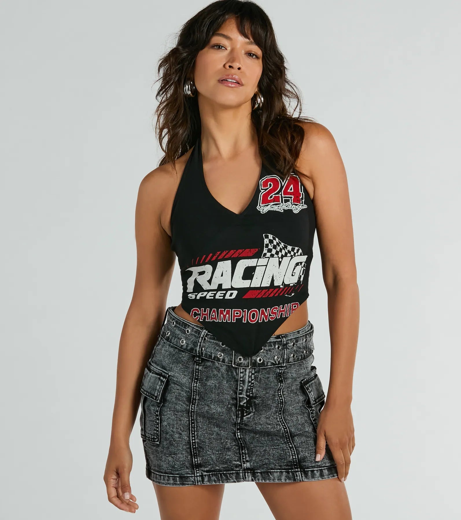 women's tops that offer a perfect blend of style, comfort, and affordabilityChampionship Racing Halter Graphic Crop Top