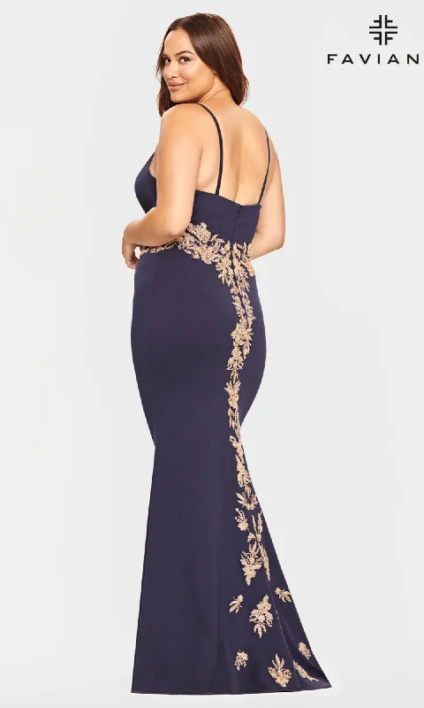 long prom dressesNavy and Gold Plus-Size Faviana Prom Dress 9540