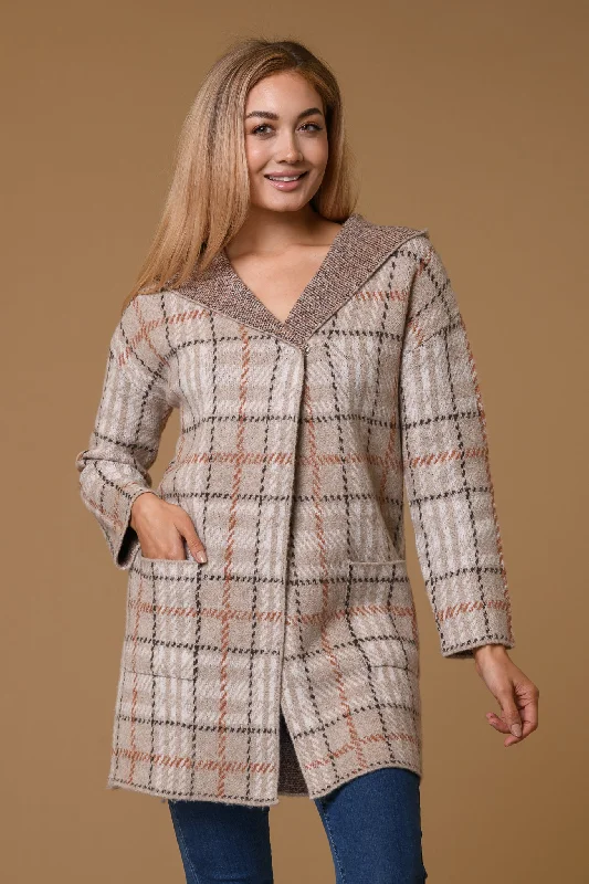 Patterned Cashmere SweatersCheck Hooded Cardigan- Beige