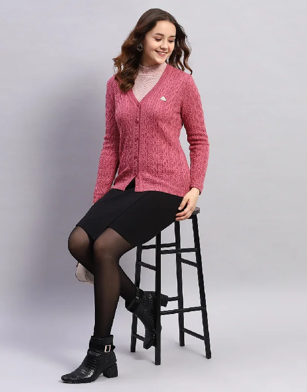 Cozy Custom Embellished SweatersWomen Pink Self Design V Neck Full Sleeve Cardigan