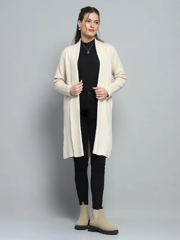 Elegant SweatersWomen Beige Solid Notch Lapel Collar Full Sleeve Cardigan