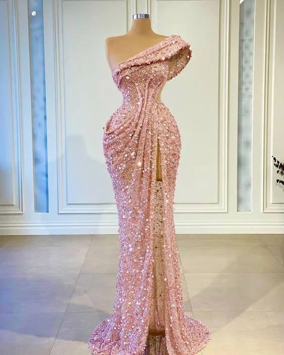 vintage prom dressesOne Shoulder Prom Dresses, Side Slit Prom Dresses, One Shoulder Evening Dresses Y6669