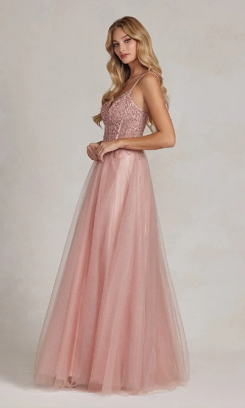 open-back prom dressesBeaded-Sheer-Bodice Rose Gold Prom Ball Gown