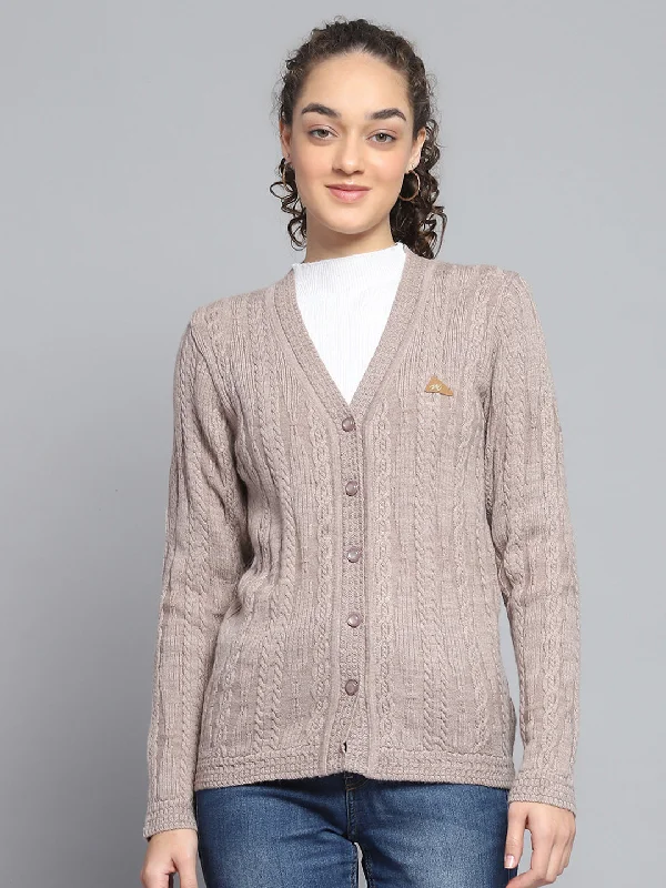 Luxurious Oversized Cardigan SweatersWomen Beige Self Design V Neck Full Sleeve Cardigan