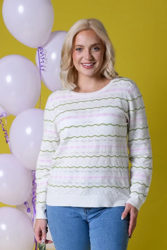 Stylish SweatersWavy Pointelle Stripe Sweater - White