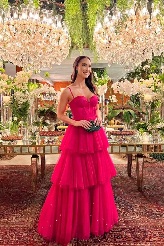 mermaid prom dressesLovely A-Line V Neck Neck Hot Pink Tulle Tiered Long Prom Dress Y6796