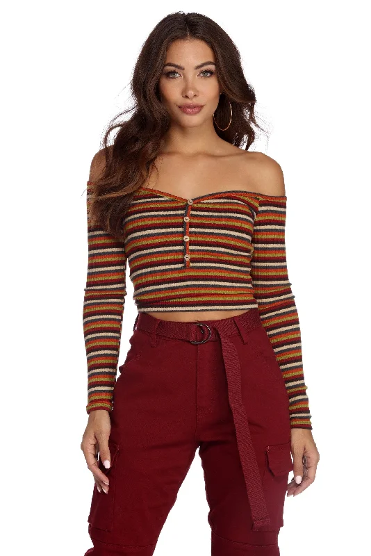 elegant women's topsStripe Piece Off Shoulder Crop Top