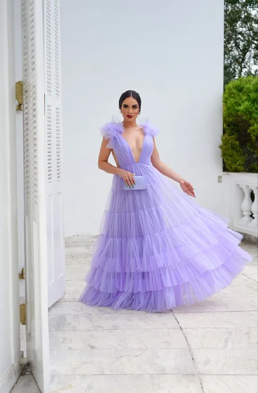 flowy prom dressesLavender Deep V Neck Tulle Prom Dress,Lavender Evening Dress Y6185