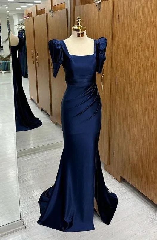 flowy prom dressesBlue Long Mermaid Prom Dress Bubble Sleeves Square With Slit Y6851