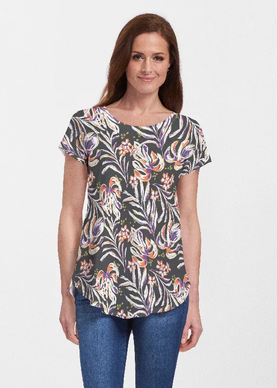 women's tops for those who seek both style and comfortTropic Palms Black (7611) ~ Signature Short Sleeve Scoop Neck Flowy Tunic