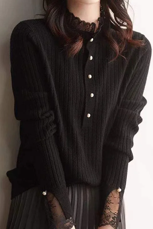 Funky SweatersElegant Ribbed Knit Sweater with Lace Trim