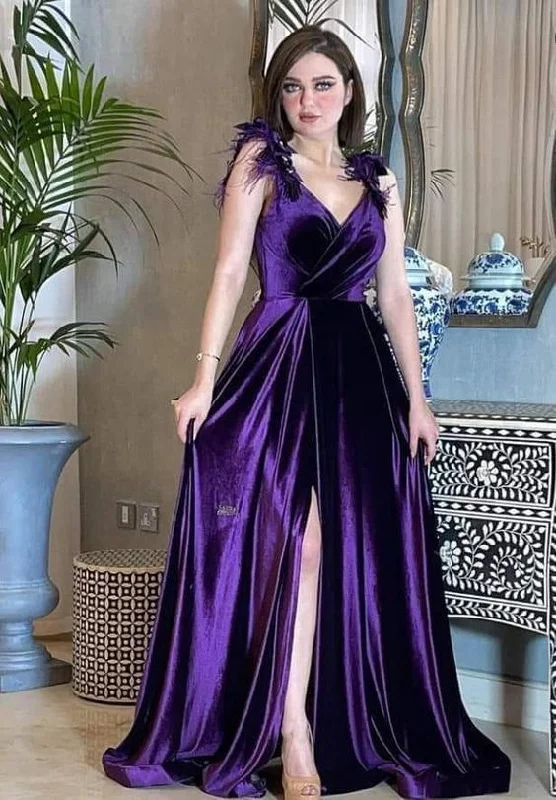 prom dresses with trainsSexy Purple Velvet A-line Prom Dress,Purple Evening Gown  Y5802