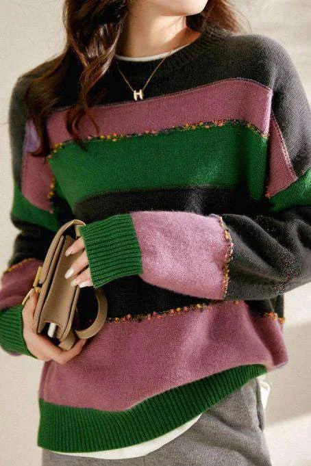 Wool SweatersPatchwork color-contrasting striped sweater