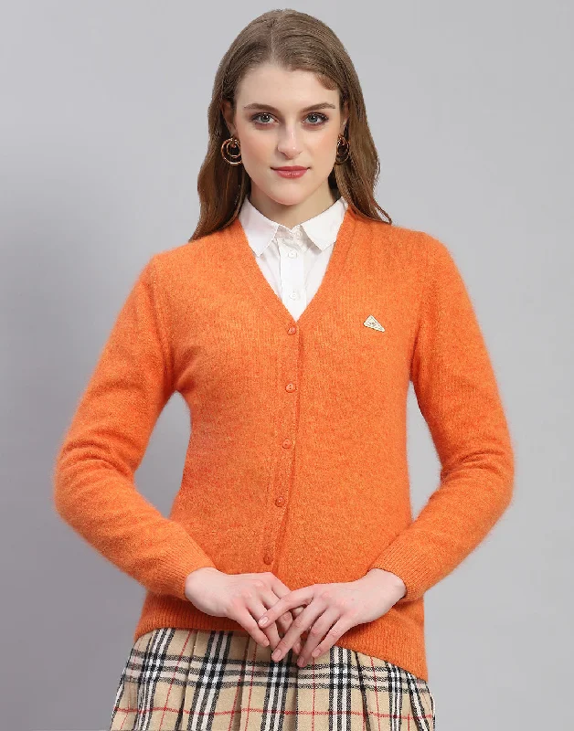 Wool SweatersWomen Orange Solid V Neck Full Sleeve Cardigan