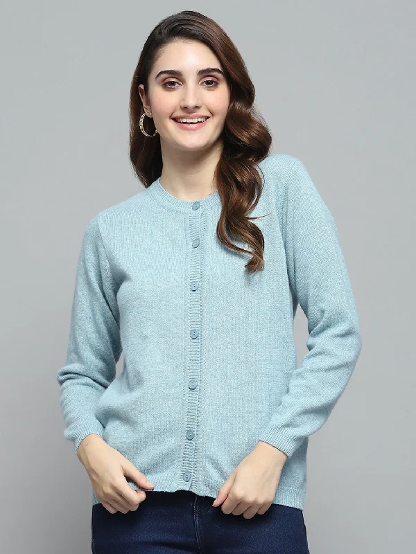 Affordable SweatersWomen Sky Blue Solid Round Neck Full Sleeve Cardigan