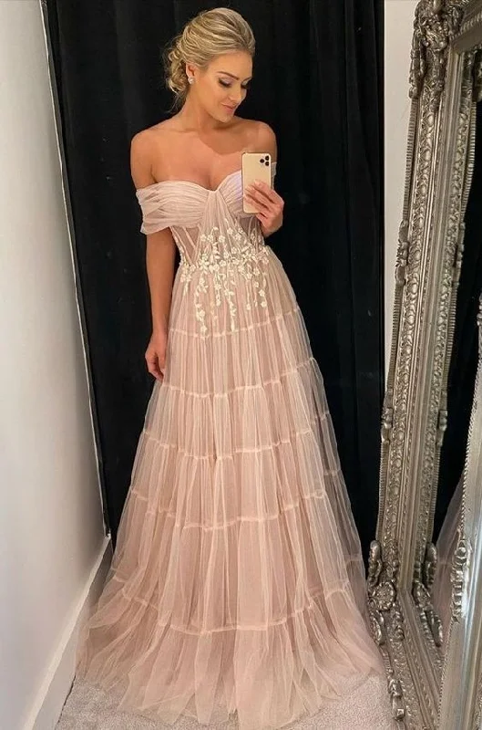 spaghetti strap prom dressesElegant Off The Shoulder Pink Tulle Prom Dress,Pink Formal Gown Y7058