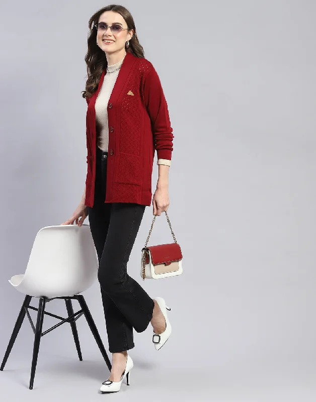 Thick Cashmere SweatersWomen Maroon Self Design V Neck Full Sleeve Cardigan