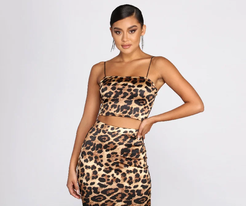 women's tops with spaghetti straps and deep V-necksCropped Leopard Print Satin Top