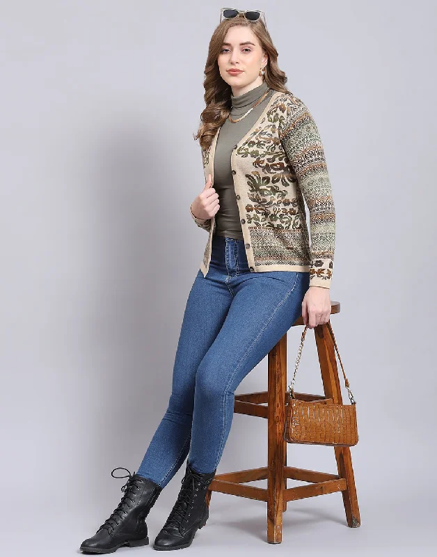 Trendy Vintage Flannel SweatersWomen Beige Self Design V Neck Full Sleeve Cardigan