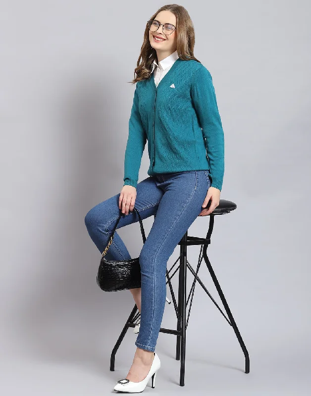 Soft SweatersWomen Turquoise Blue Self Design V Neck Full Sleeve Cardigan