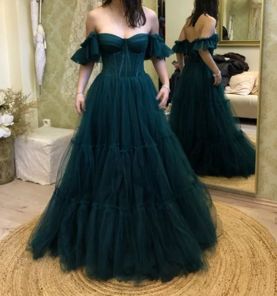 tulle prom dressesGreen Off The Shoulder Tulle Prom Dress Y6809