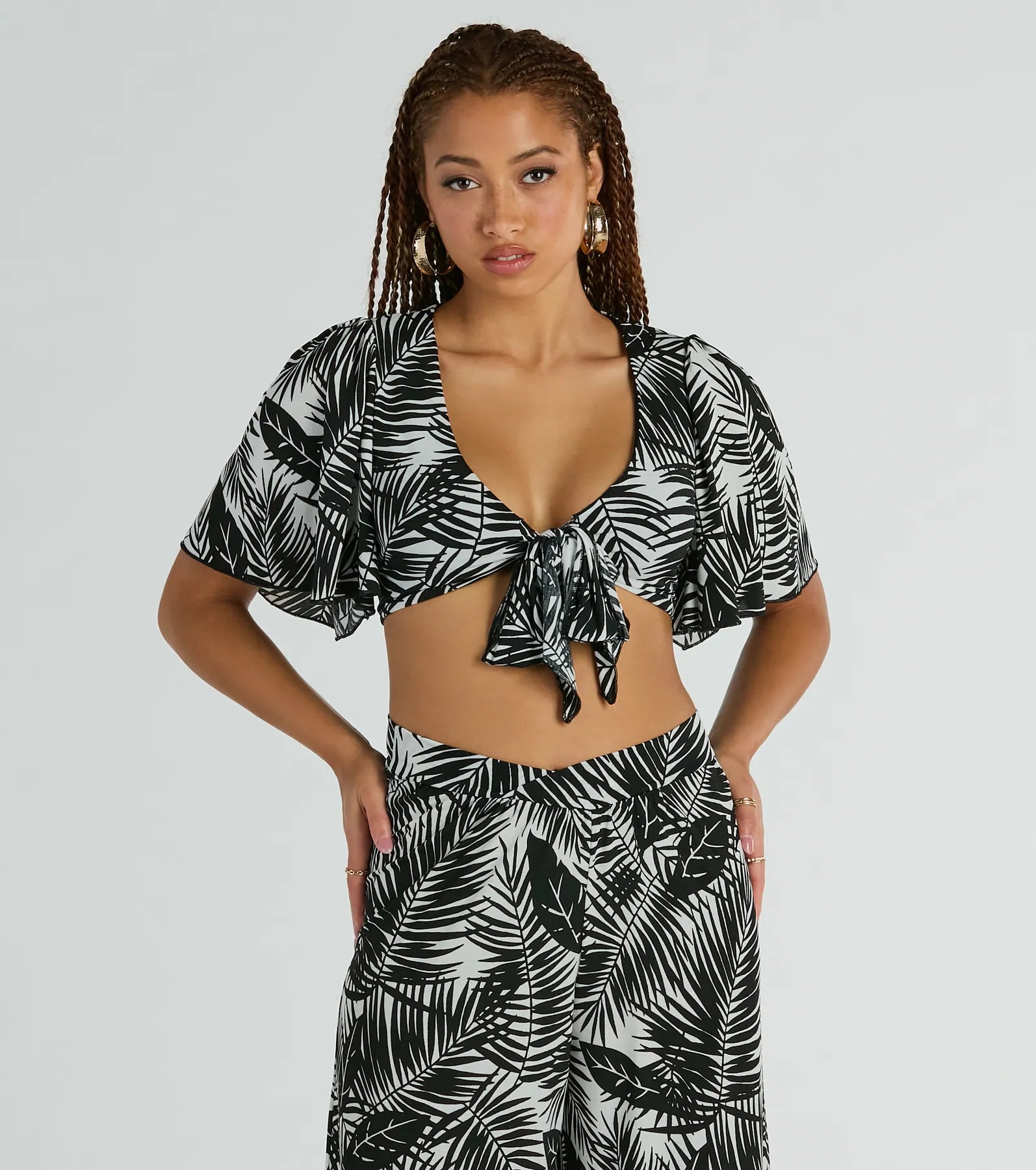 women's tops for those who appreciate subtle and muted tonesTime For Vacay Tie Front Tropical Crop Top