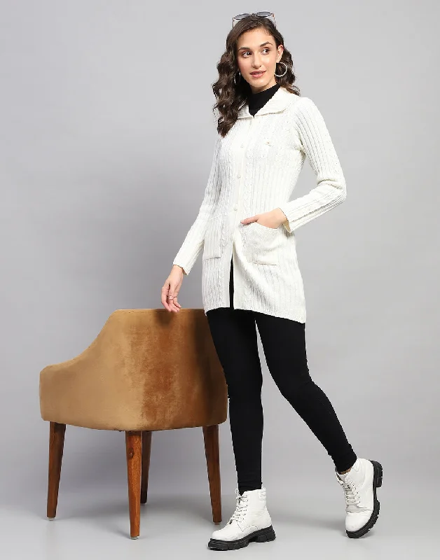 Stylish Trendy Pullover SweatersWomen White Self Design Collar Full Sleeve Cardigan