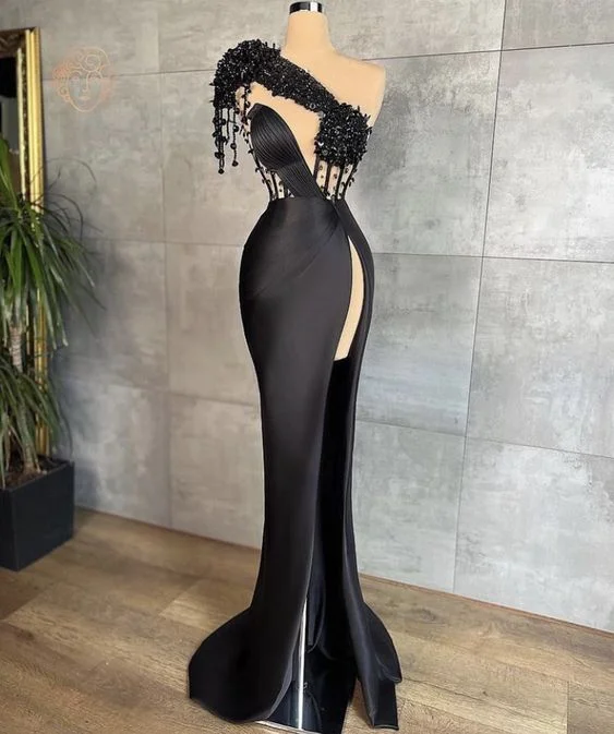 prom dress color trendsBlack Evening Dresses,One Shoulder Evening Dresses, Black Prom Dresses Y6674