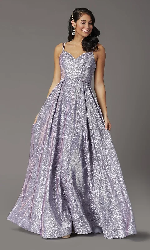 beaded prom dressesMetallic Long A-Line Prom Dress with Side Pockets