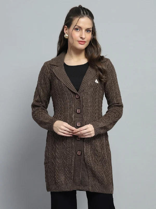 Designer SweatersWomen Brown Self Design Notch Lapel Collar Full Sleeve Cardigan