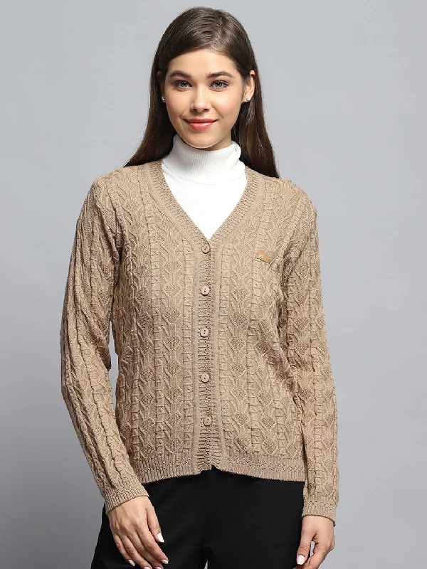 Crewneck Designer Fair Isle SweatersWomen Brown Self Design V Neck Full Sleeve Cardigan