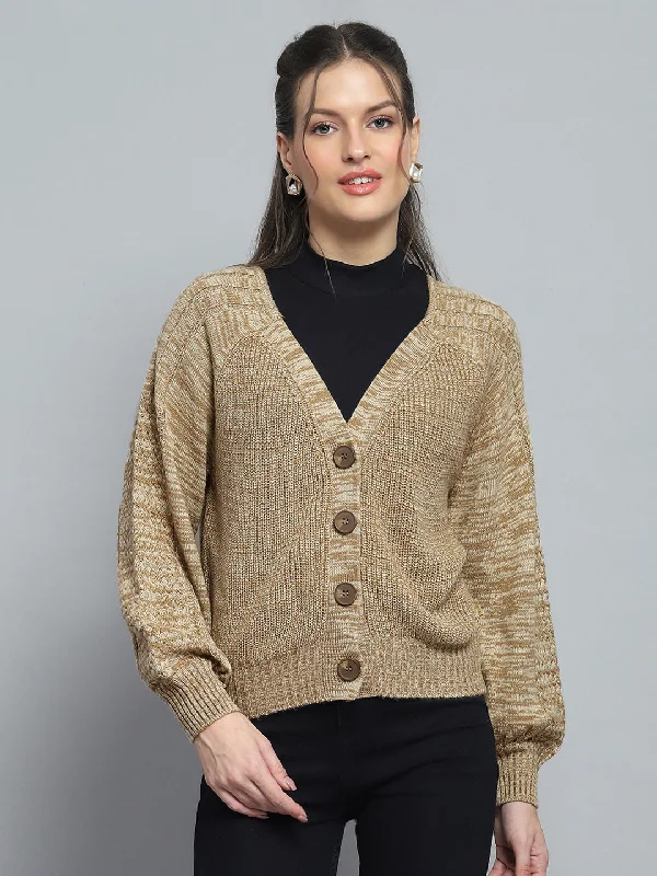 Trendy Vintage Flannel SweatersWomen Camel Brown Self Design V Neck Full Sleeve Cardigan