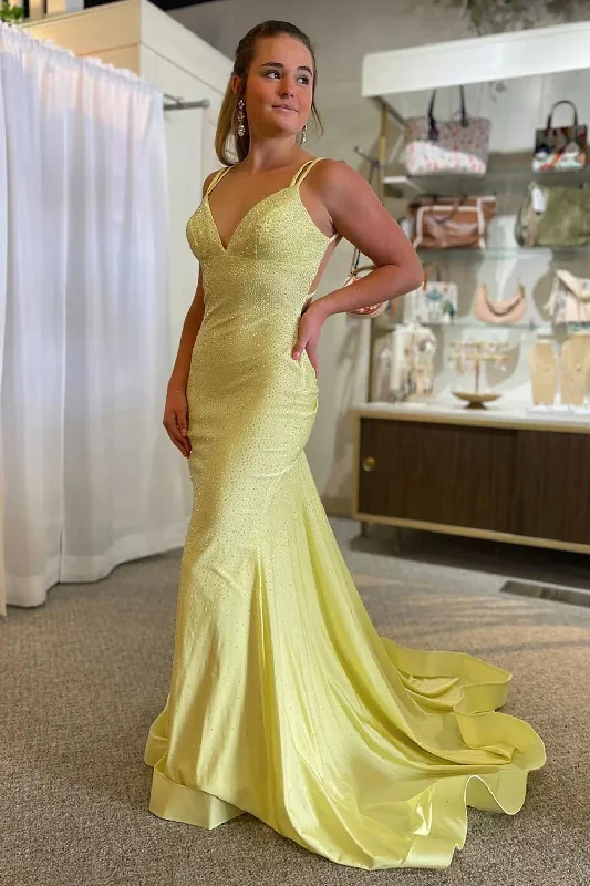 prom dresses for plus-size figuresSparkly Mermaid Spaghetti Straps Yellow Long Prom Dress Y7234