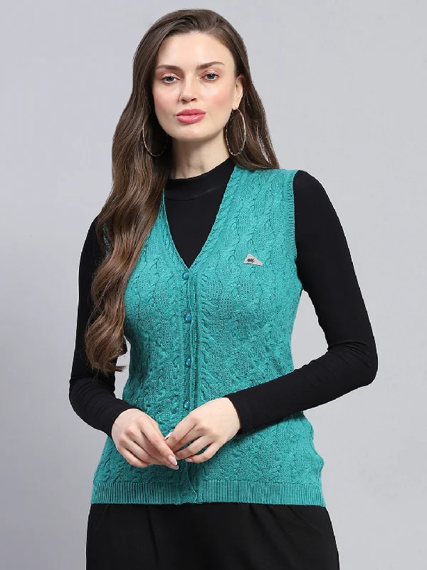 Comfortable Dressy SweatersWomen Green Self Design V Neck Sleeveless Cardigan