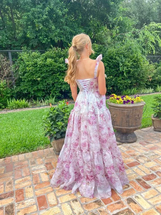 lace prom dressesChiffon A-line Floral Print Prom Dress Senior Prom Gown Y6747