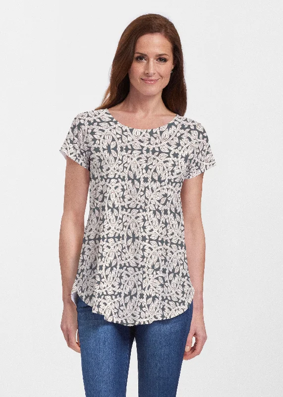 women's tops for those who love to shop for unique findsTopiary Cream (7581) ~ Signature Short Sleeve Scoop Neck Flowy Tunic