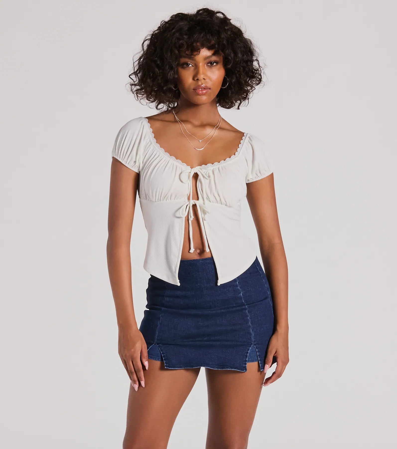 women's tops for those who want to add a pop of color to their outfitsSultry Example Tie-Front Lace Trim Crop Top