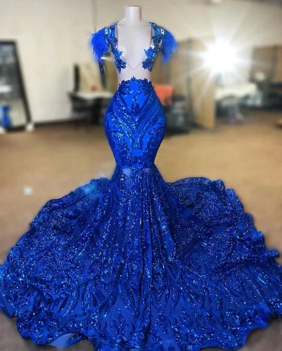 sweetheart neckline prom dressesFeather Modest Evening Dress Elegant Royal Blue Sparkly Mermaid Prom Gown Y6657