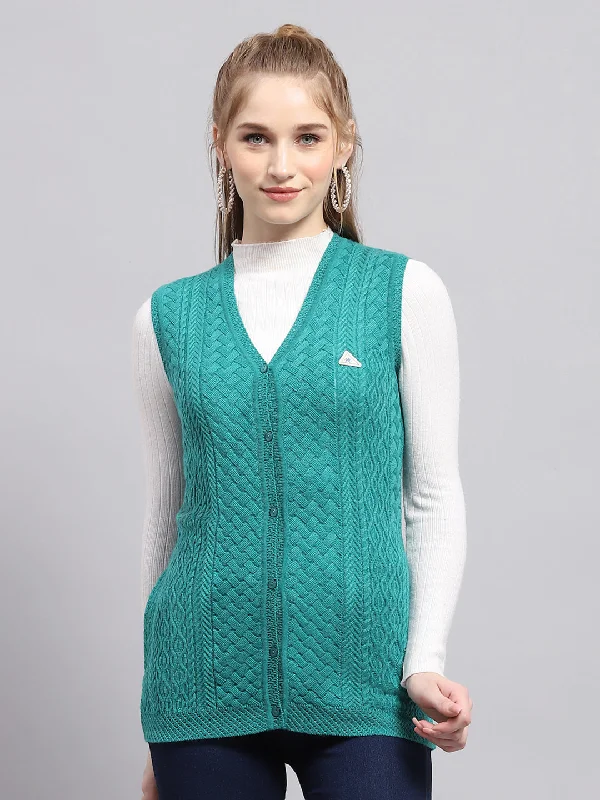 Cardigan Baby SweatersWomen Green Self Design V Neck Sleeveless Cardigan