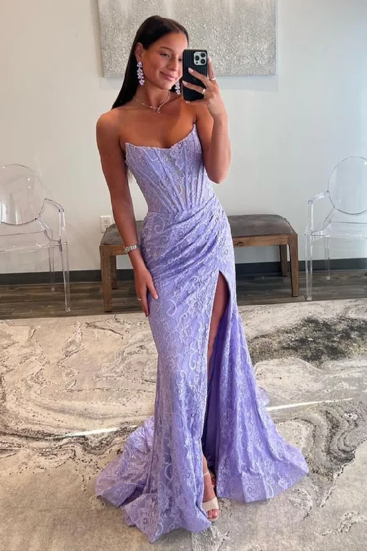 off-shoulder prom dressesLavender Strapless Lace Ruched Mermaid Prom Dress with Slit Y6709