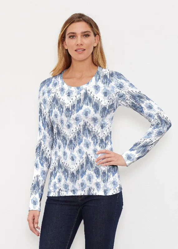 women's tops with asymmetrical designsTonal Waves Blue (7804) ~ Thermal Long Sleeve Crew Shirt