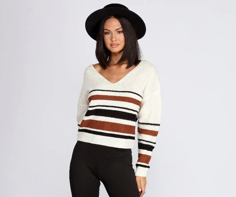 women's tops for those who want to add a touch of elegance and sophistication to their everyday wearStriped Lattice Back Pullover